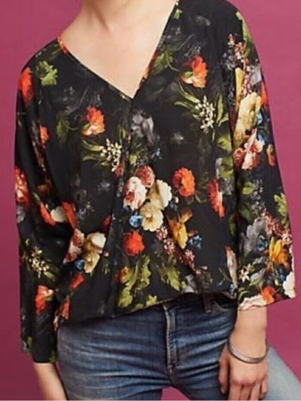 NWT Anthropology Floral V-Neck Long-Sleeve Blouse - Black Multicolor
